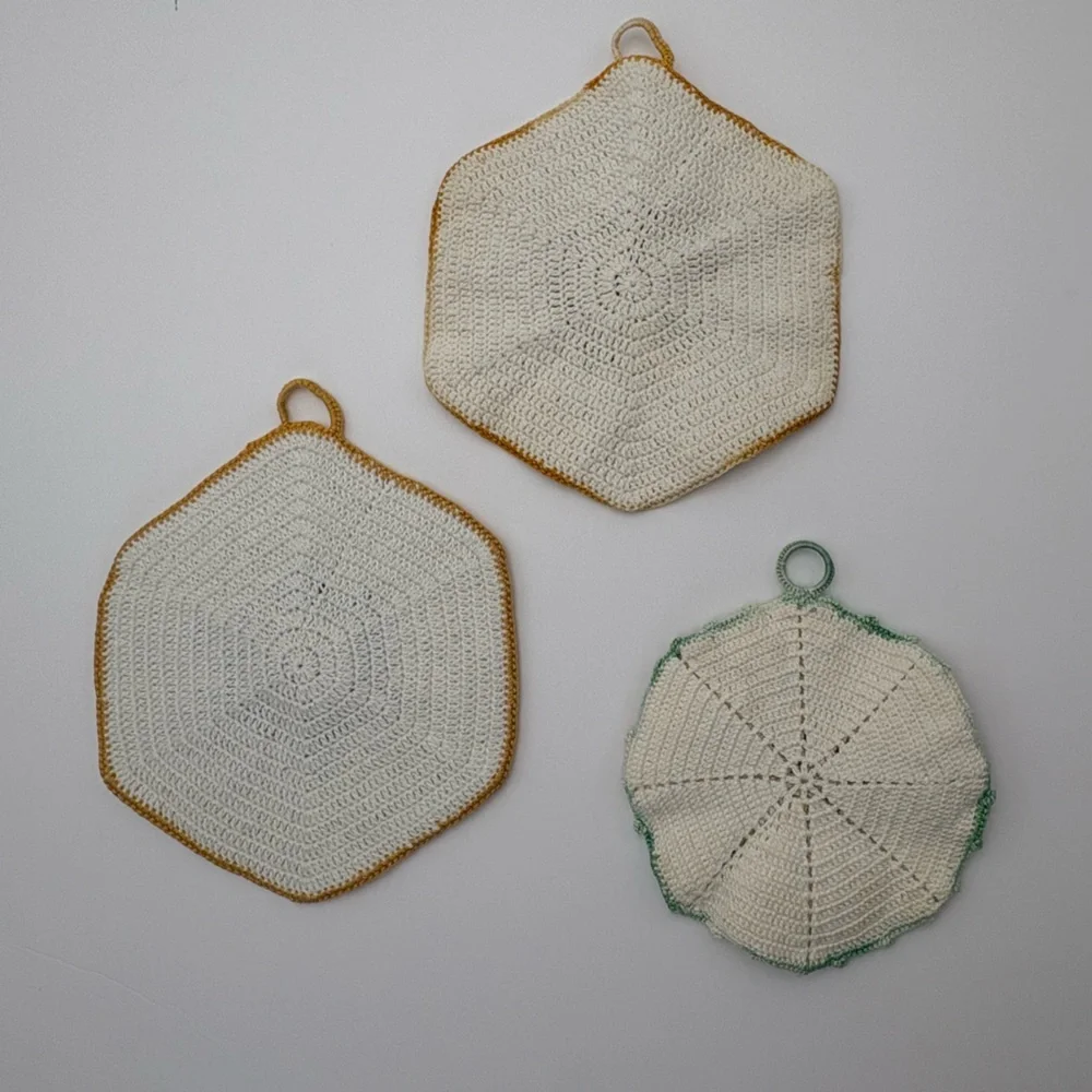 Theee Vintage Handmade Crochet Floral Pot Holders